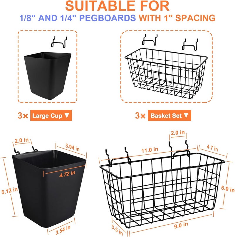 G.CORE Pegboard Basket Organizers, Peg Board Large Baskets Hooks Bins Cups Tool Organizer 6 Pack Set, Wall Storage Display Hanging Accessories for Craft Office Stadio Shed Garage Organization (Black & Black) - Image 3